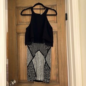 Parker short, open back, sequin black tie dress for wedding or event
